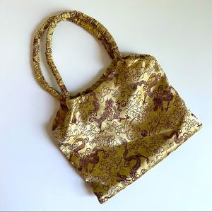 Y2K vintage tiny bucket tote purse made of tan satin with burgundy dragon motif